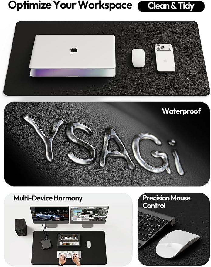 YSAGi Leather Desk Protector, Office Mat, Large Mouse Mat, Non-Slip PU Leather Blotter, Laptop Desk Mat, Waterproof Writing Pad for Office and Home (Black, 31.5" x 15.8")
