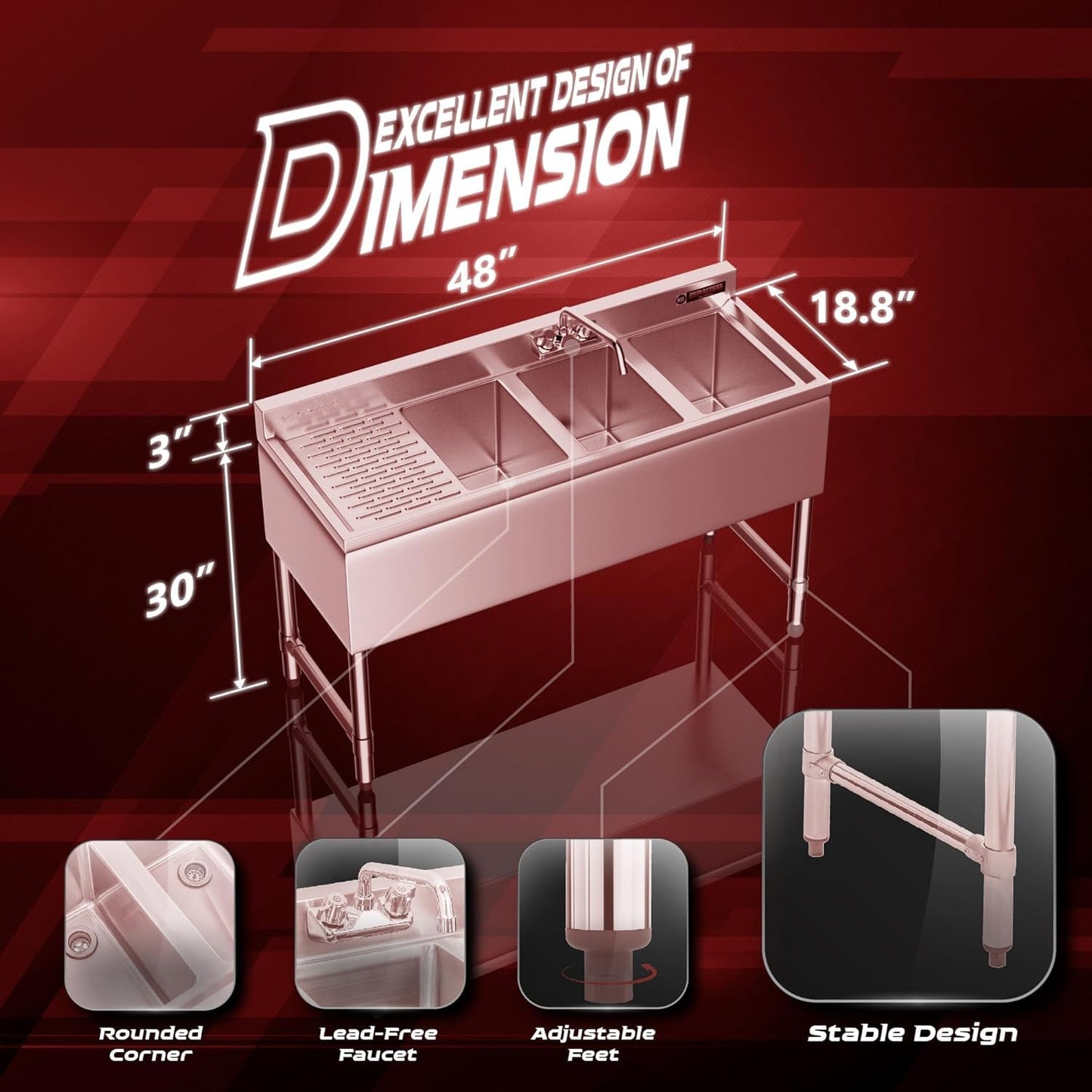 DuraSteel 3 Compartment Sink Commercial Kitchen Sink - NSF Stainless Steel Triple Three Bay Utility with CEC No Lead Faucet - Left Drainboard Restaurant Bar Small Garage Slop Prep Food Truck Large