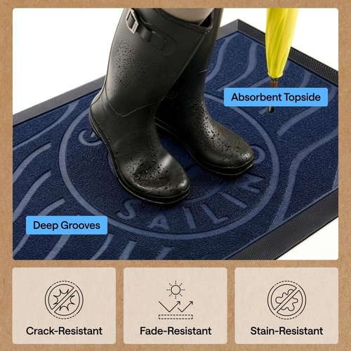 GORILLA GRIP Waterproof All-Season WeatherMAX Doormat - Natural Rubber, Stain & Fade Resistant, 29x17, Blue Sailing
