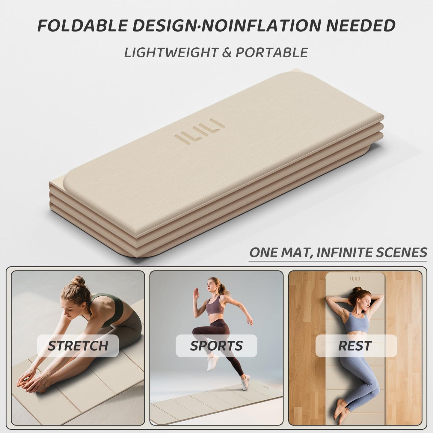 ILILI Foldable Yoga Mat 71 * 24 * 0.3'' - TPE Non-Slip Fitness Mat for Home，Waterproof & Lightweight (2lb) for Home Gym, Pilates & Stretching,Fitness Workouts (Beige)