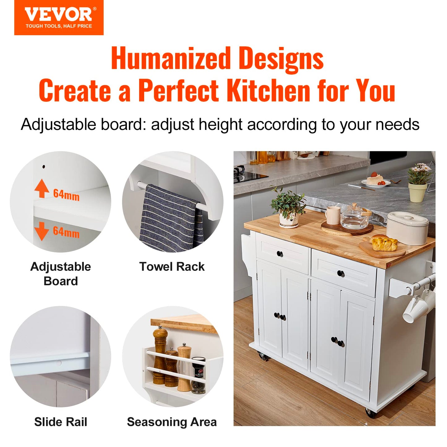 VEVOR Kitchen Island Cart with Solid Wood Top, 35.4" Width Mobile Carts with Storage Cabinet, Rolling Kitchen Table with Spice Rack, Towel Rack, and Drawer, Portable Islands on Wheels, White