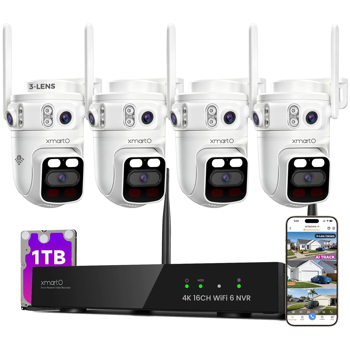 XMARTO 6MP Tri-Lens 4-Cam 1TB WiFi Mesh Security Camera System,16CH 4K H.265 WiFi-Inside NVR,360°PTZ AI Tracking,3-View/Cam,Long Range Wireless,Plug-in 24/7 Home Surveillance,Local & Mobile View