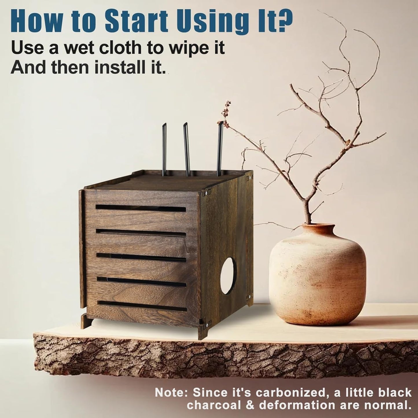 Yemotopro Wooden WiFi Router Storage Box Charcoal Retro Wood Router Hider Box Modem Store Boxes, Double-Layers WiFi