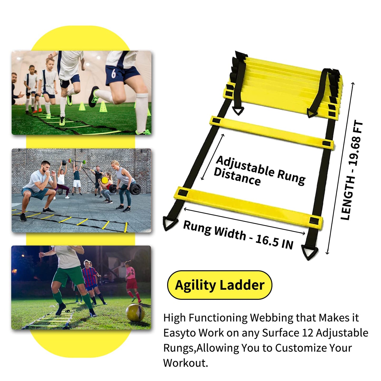 IHEPYQ Soccer Agility Training Equipment Set, 12 Rung 20Ft Agility Ladder, 12 Disc Cones, 4 Steel Stakes, Solo Soccer Trainer, Jump Rope - Speed Training Equipment for Soccer Football Basketball