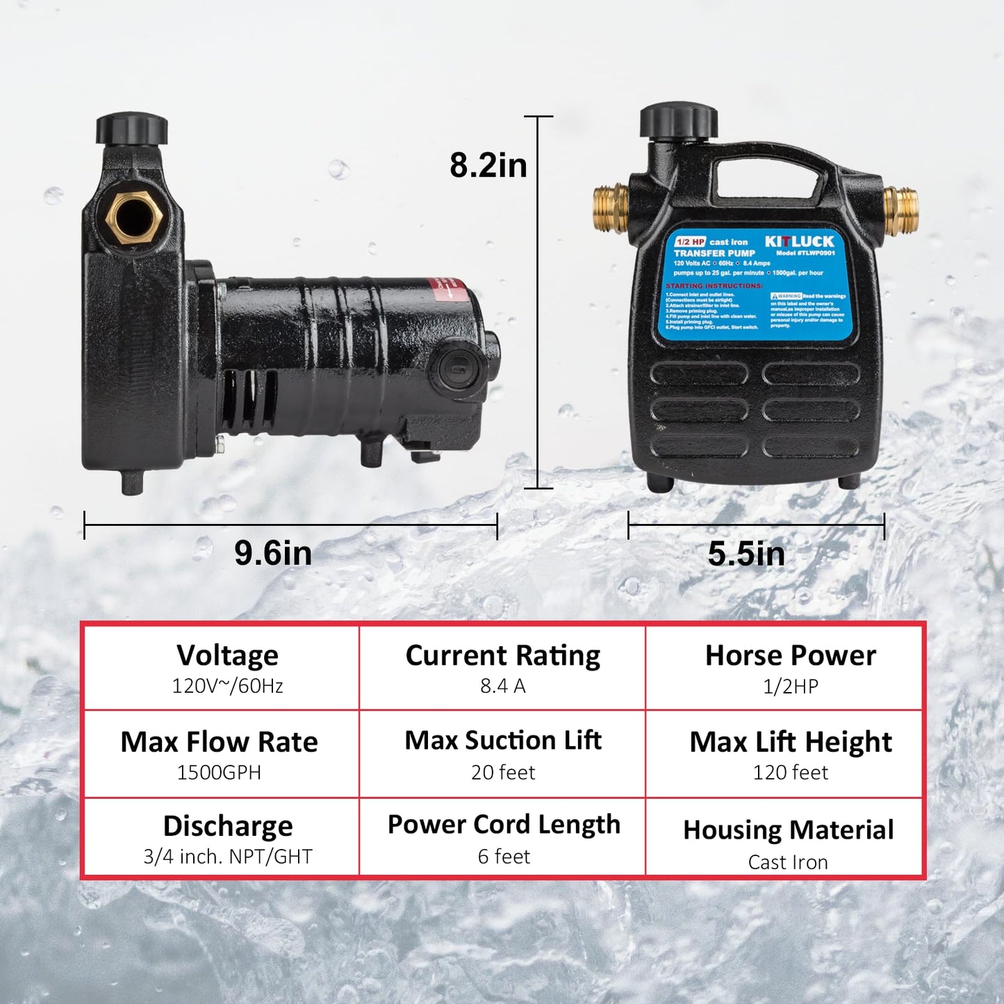 Water Transfer Pump, KITLUCK 120V 1/2 HP 1500GPH Cast Iron Portable Electric Utility Water Pump, Heavy Duty High Pressure Transfer Pump with ON/OFF Switch, Suction Strainer and Brass Connectors