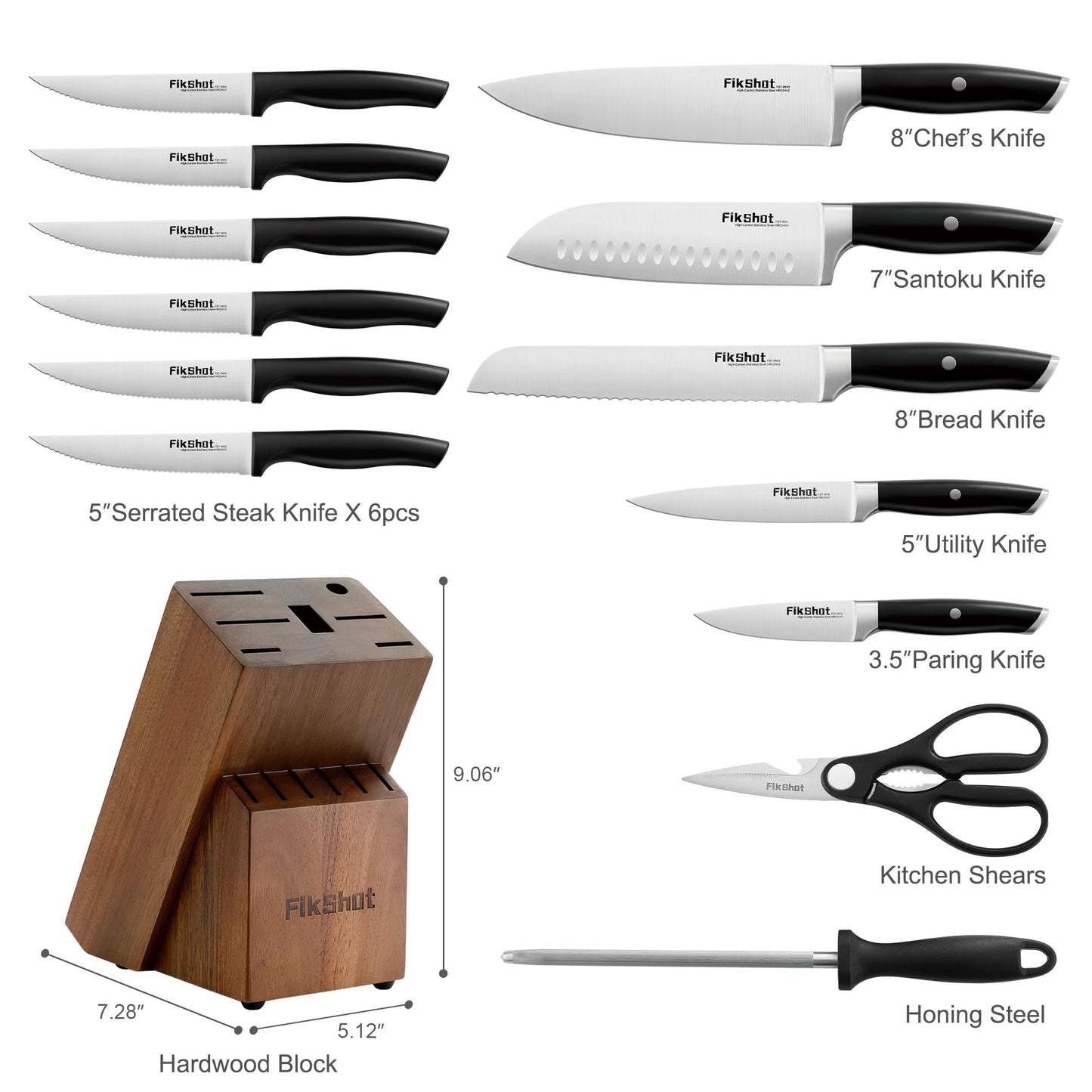 Fikshot Knife Set – German Stainless Steel, Ultra-Sharp, 14-Piece with Knife Block & Sharpener, Full Tang Black Handle, Rust-Resistant, Dishwasher-Safe for Kitchens, Gift for Chefs