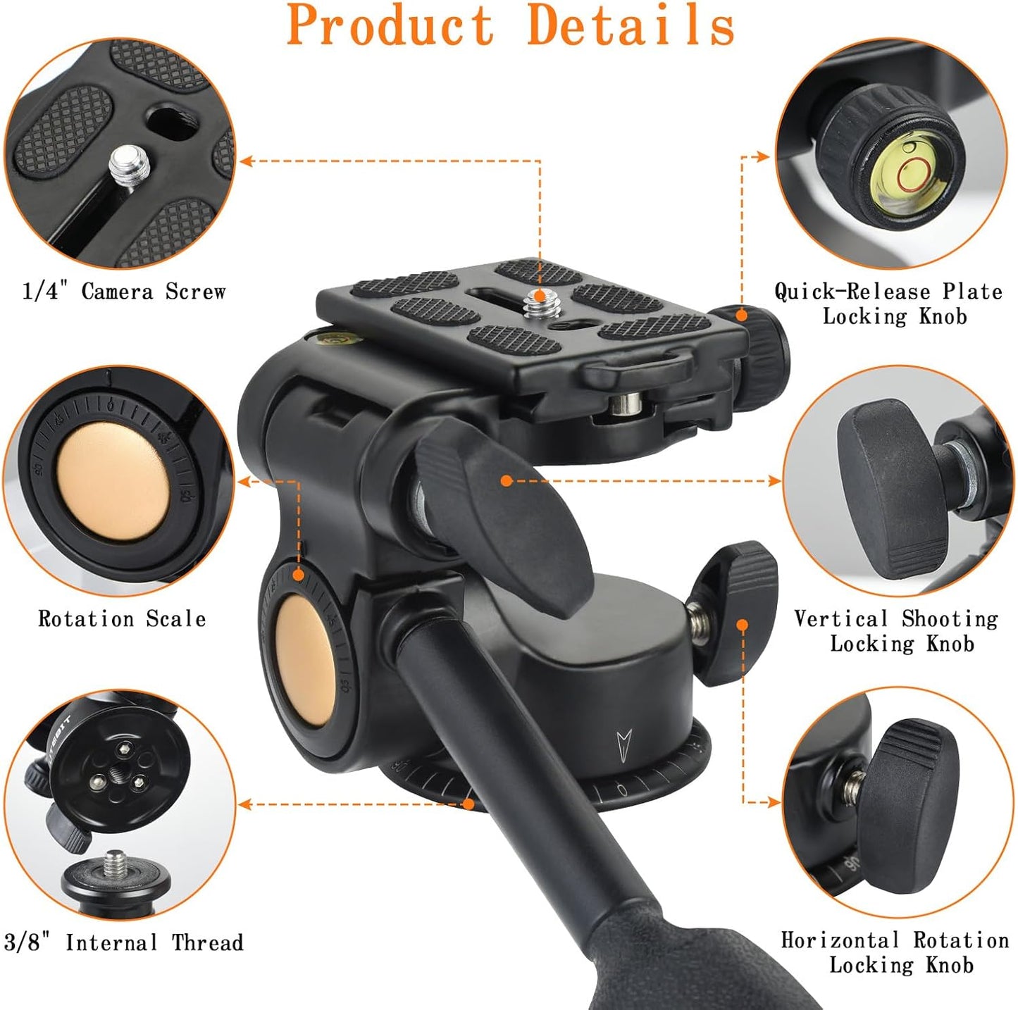 UTEBIT 11 lbs/5kg Tripod Fluid Head Tilt Head with Arca Swiss Quick Release Plate and Handle, Metal Camera Tripod Head