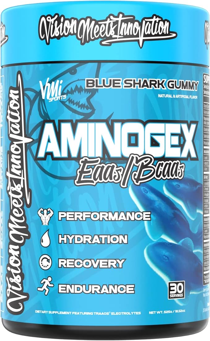 VMI Sports Aminogex Ultra | EAA + BCAA Powder | Amino Acid + Hydration Recovery Drink with Electrolytes, Betaine and Glutamine | (30 Servings) (Blue Shark Gummy)