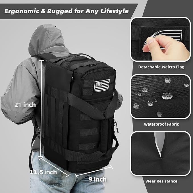 ZOMFELT Tactical Gym Bags for Men, 40L Travel Duffle Bag with Removable Dividers & Innovative Shoe Compartment, 3-in-1 Waterproof MOLLE Gym Duffel Backpack, Airplane Carry-On Approved, Black