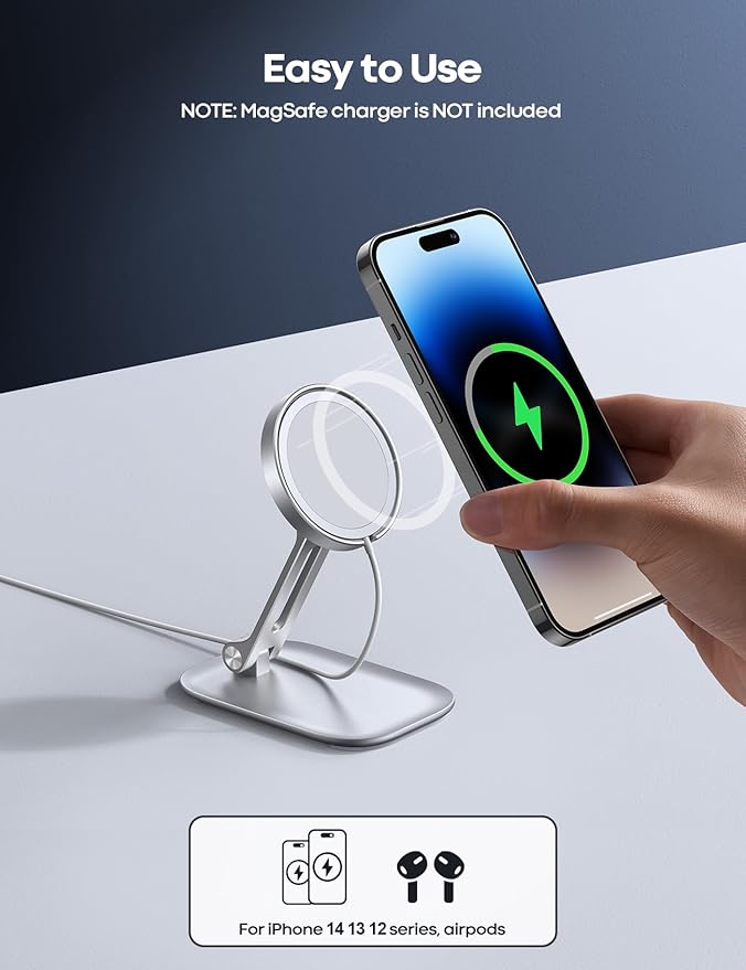 Lamicall Phone Stand for Apple 15W MagSafe Charger - Dual Hinge Collapsible Adjustable Charging Holder Dock for Desk Nightstand, Fit for Airpods, iPhone 17/16/15/14 Series[Only Stand]