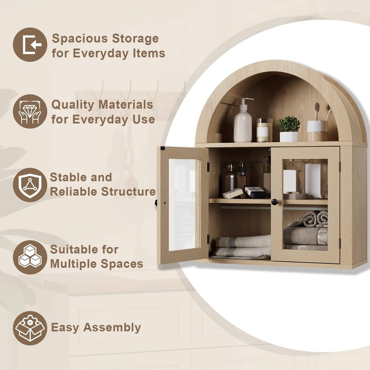 ChooChoo Arched Wall Cabinet with Acrylic Doors, Bathroom Cabinet Wall Mount Over The Toilet with Display Shelf, Wooden Storage Cabinet for Kitchen, Living Room or Entryway, Natural