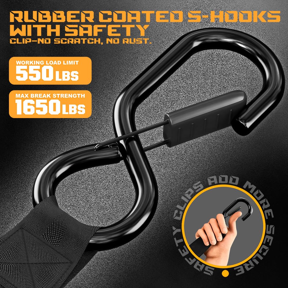 Retractable Ratchet Straps - 4 Pack 1inch x 10ft Auto Tie Down with Soft Loops - Black - 1650 Lbs Break Strength - Self Retracting for Motorcycle, ATV, Truck, Cargo, Trailer, Boat, Kayak, Furniture