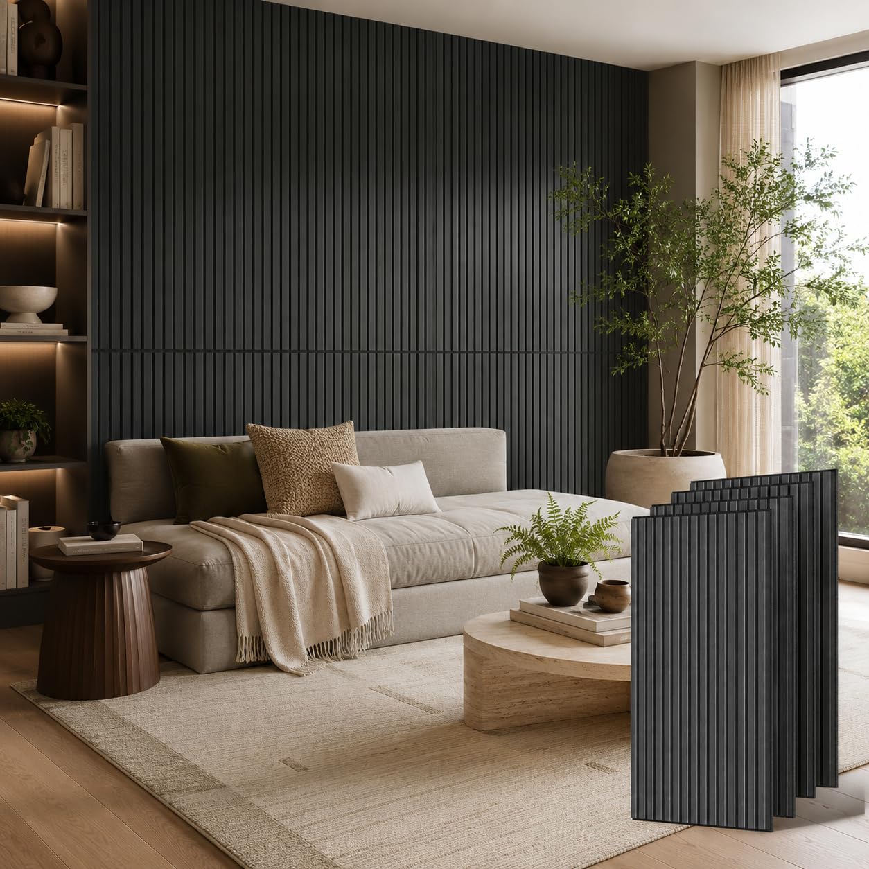 PIWA Acoustic Wall Panels 47” x 24" 4 Pack, Wood Panels for Wall Sound Dampening Slat Paneling with MDF Surface and Sound-Absorbing Core for Interior Decor, Home, Office and Gaming Room (Matte Black)