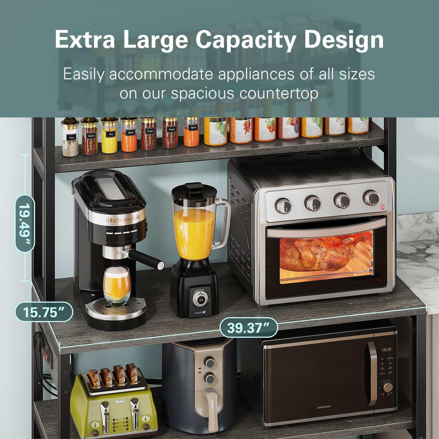 Denkee Large Bakers Rack with Power Outlets, 38 Inch Microwave Stand with Storage, 5-Tier Coffee Bar Stand, Industrial Kitchen Shelf Rack, Grey