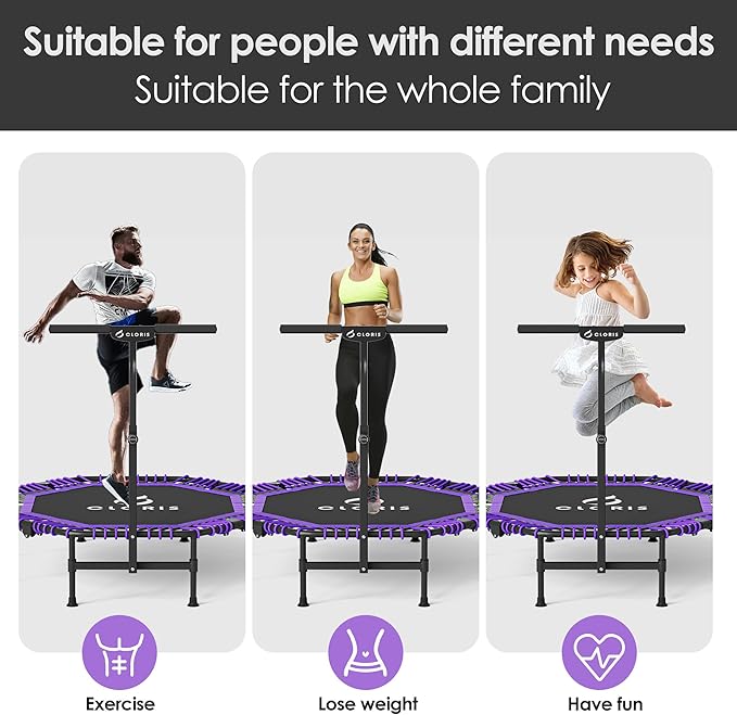 CLORIS 38in/48in Folding Trampoline - Max Load 220lbs / 450lbs Trampoline Rebounder Trampoline for Adults with Adjustable Foam Handle, with safty Padded Cover Best Gift