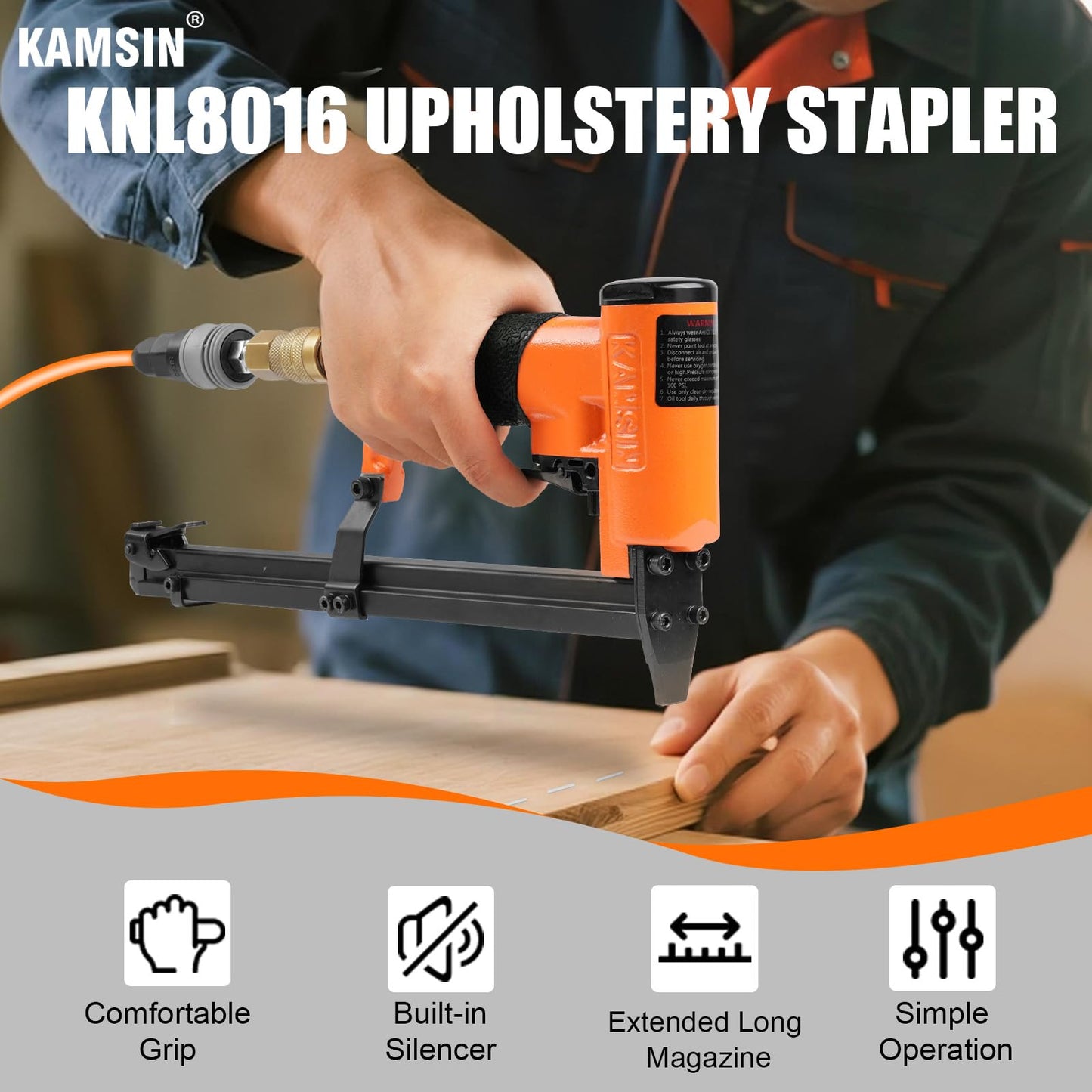 KAMSIN KNL8016 21 Gauge Pneumatic Upholstery Stapler with Extended Long Magazine, 1/2-Inch Crown Staples, 1/4-Inch to 5/8 -Inch(6-16mm) Leg Length, Air Power Fine Wire Stapler for Furniture, Cabinets
