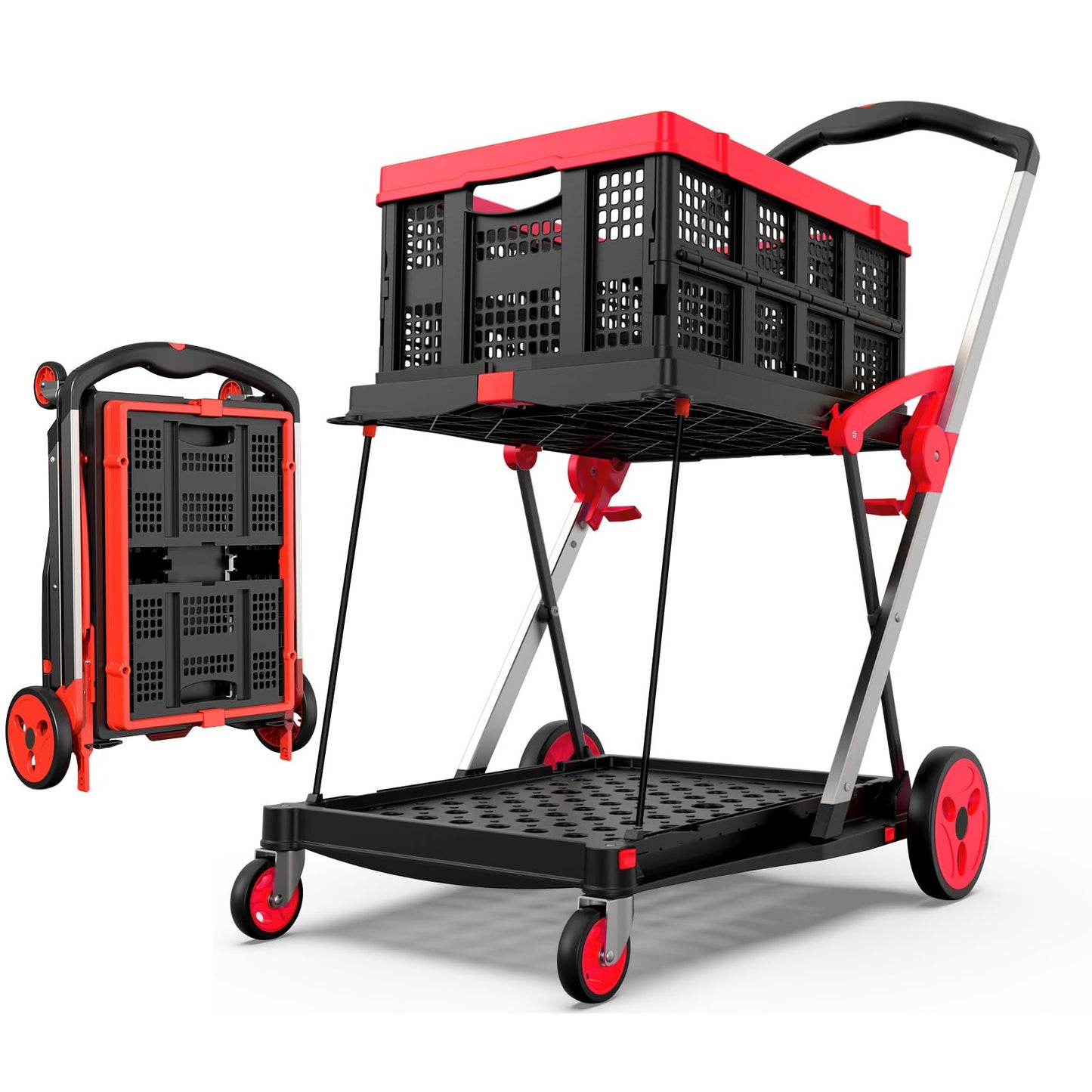 TOLRET Collapsible Shopping Cart with Wheels, 200 lbs Capacity Grocery Cart on Wheels with Storage Crate, Platform Hand Truck with Foot Brake, Red