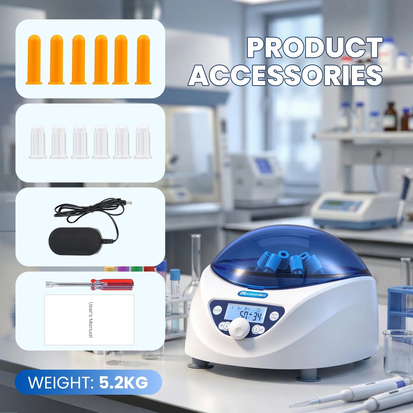 Mxmoonant Centrifuge Machine, Lab PRP Benchtop Centrifuges 300-5000RPM Electric Centrifuga with LCD Display, 6x15mL Rotor for 15/10/7/5/2/1.5mL Tubes
