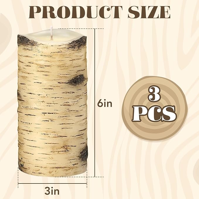 Birch Bark Pillar Candles, Fall Pillar Candles 3x6 Inch Set of 3, Thanksgiving Unscented Long-Lasting Smokeless Candles