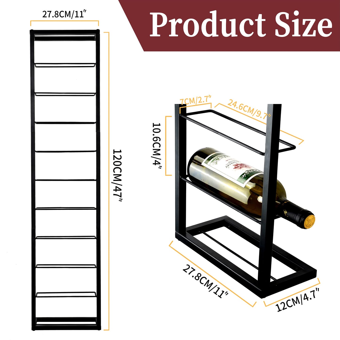 YANGSHUO Wall Mount Wine Rack - 10 Bottle Black Metal Wine Bottle Holder for Wall, Wine Bottles Storage Organizer Display Shelf for Home, Bar, Dining Room, Liquor, Kitchen, Wine Cellar