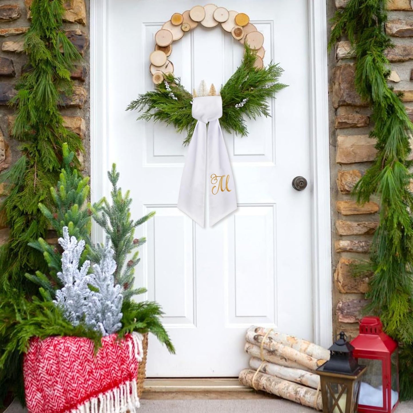 Skiennix Monogrammed Wreath Sash - 2 Pack Embroidered Decor for Boxwood Front Door | Letter M