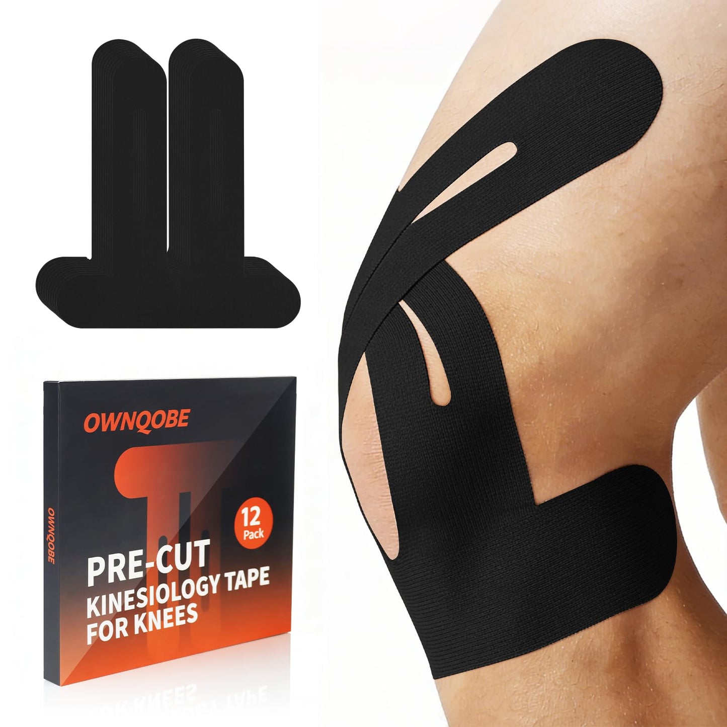 12 Pack Precut Kinesiology Tape for Knees & Shoulder, Knee Support & Stability for Sports, Waterproof & Elastic Tape for Knee Pain Relief, Breathable Hypoallergenic & Latex-Free, Black