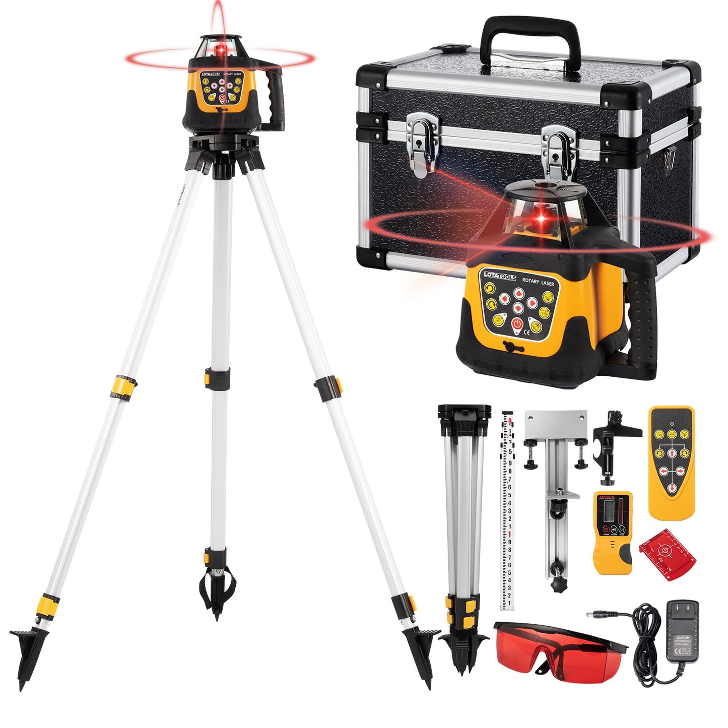 LotaTools Self-Leveling Rotary Laser Level Kit, Class II ≤ 5 mW Red Laser, 2000 ft Range with Receiver, ±1/8" Accuracy at 100 ft, IP66 Waterproof, Includes Tripod & Grade Rod