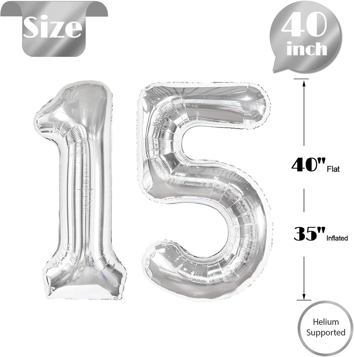 Number 15 Balloon by Silver | 40-Inch Silver Birthday Decoration for 15th Birthday Party