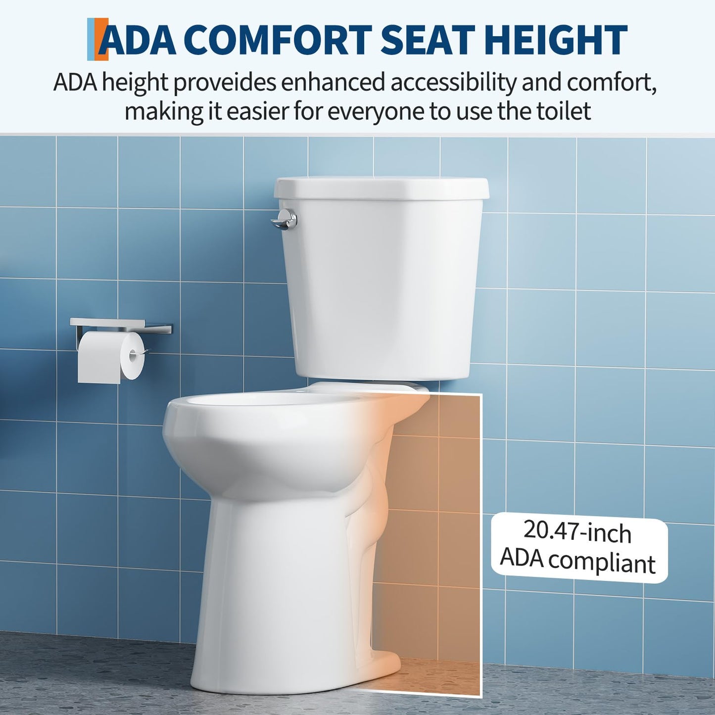 ADA Height 21" Elongated Toilet Bowl Only – Single Side Handle, Upgraded Power Flush, Includes Internal Tank Parts, No Seat Included