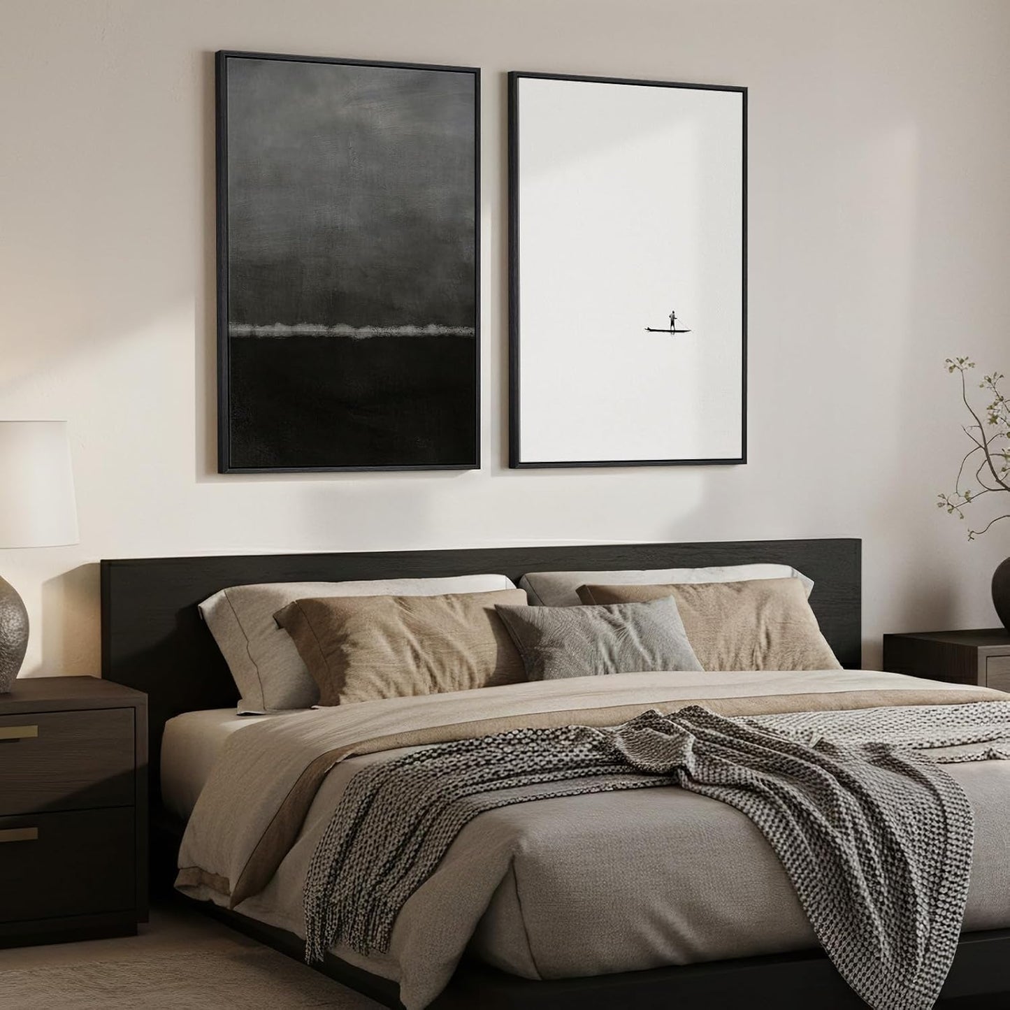 Skiennix Framed Black and White Abstract Wall Art - Large Set of 2 Minimalist Canvas Prints | 24x36 In Seascape Decor for Living Room, Bedroom, Office