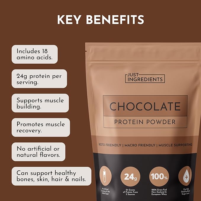 JUST INGREDIENTS Chocolate Protein Powder ??20-Serving Blend with 100% Grass-Fed Whey & Organic Plant Proteins ??Rich Cocoa Flavor ??Supports Muscle Recovery, Energy*