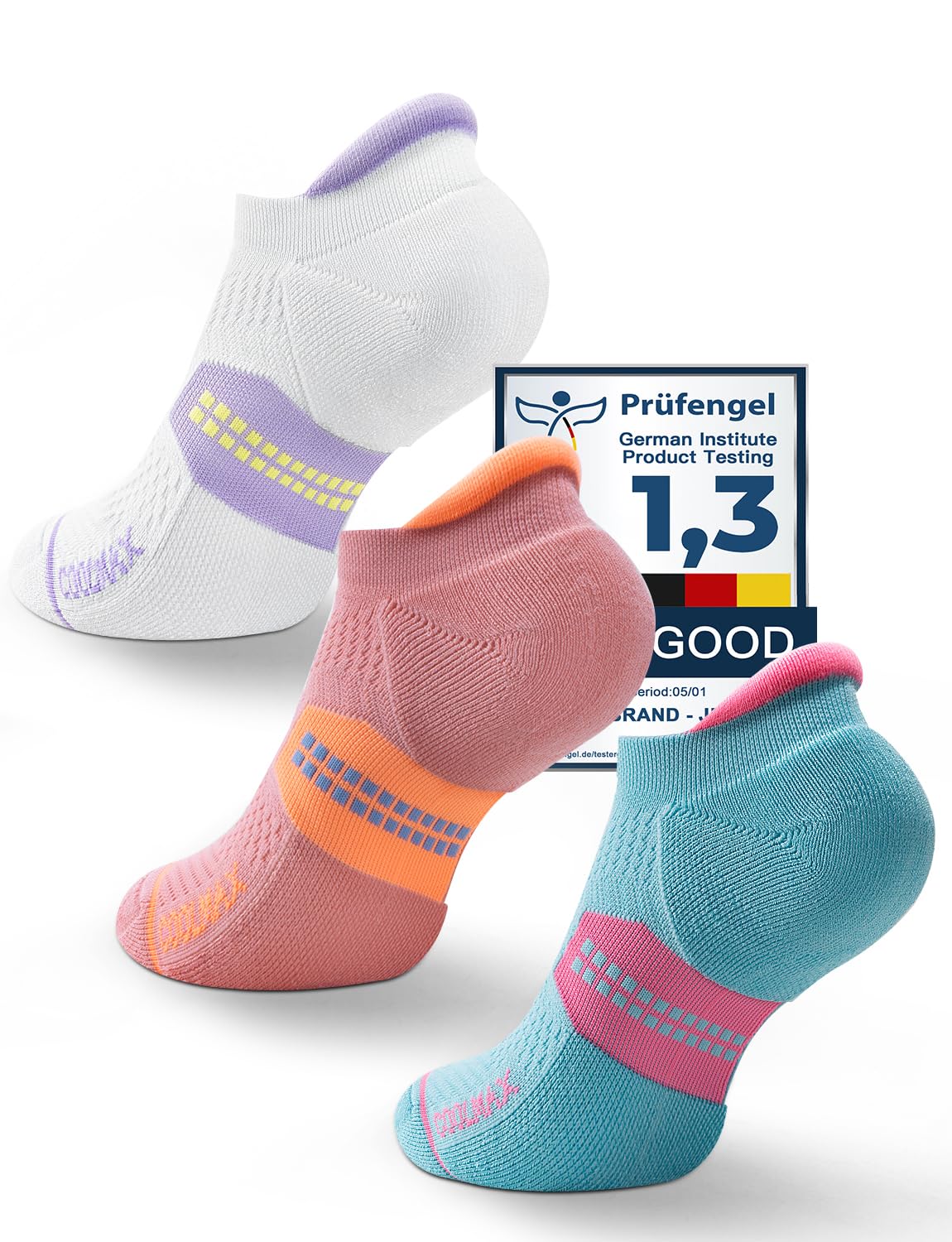 Juclise Coolmax Bamboo Viscose Compression Running No Show Athletic Socks, Anti Blister Moisture Wicking (US, Alpha, Medium, Regular, Regular, Bright Lilac+Aqua+Dusty Pink)