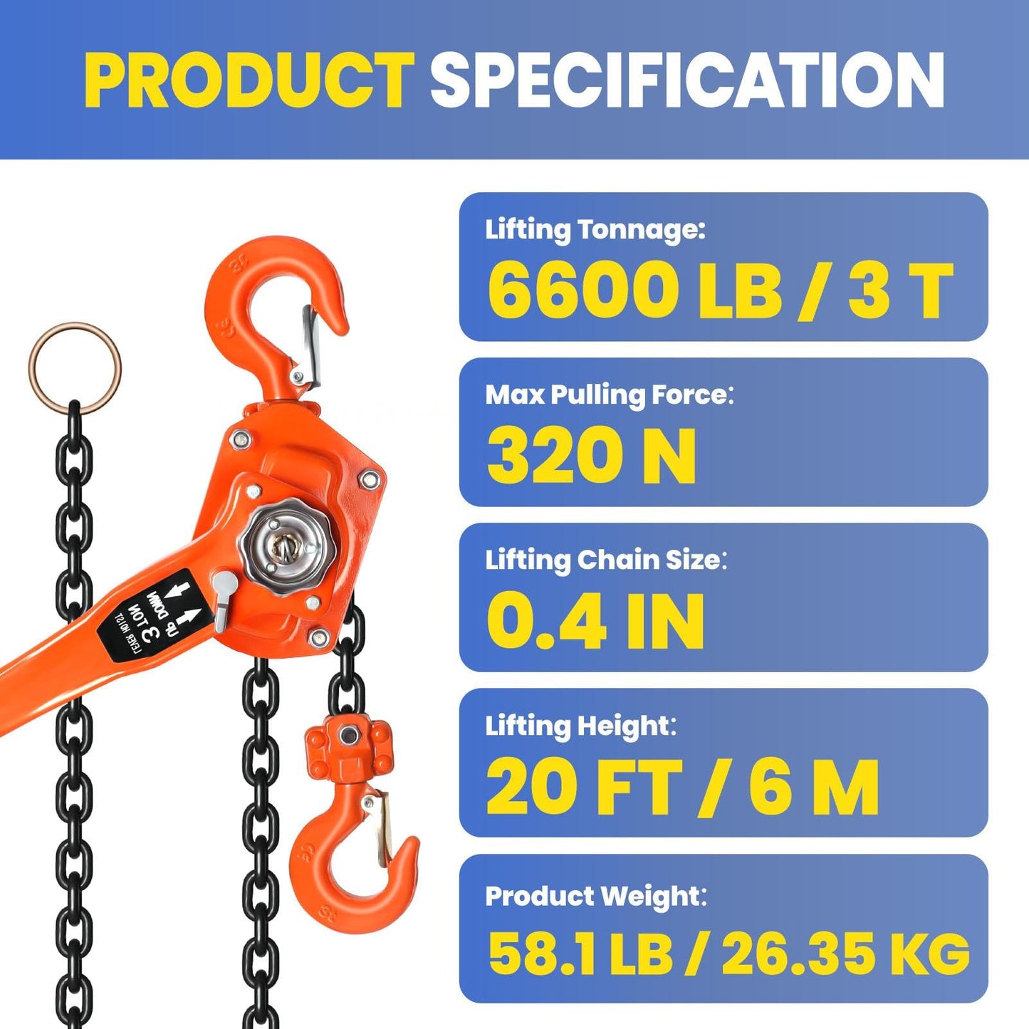 6600lbs Capacity ChainLift, Heavy Duty G80 Steel Lever Hoist with Dual Brake System & 360° Hook, Durable Come Along for Garage and Farm (3Ton20FT)