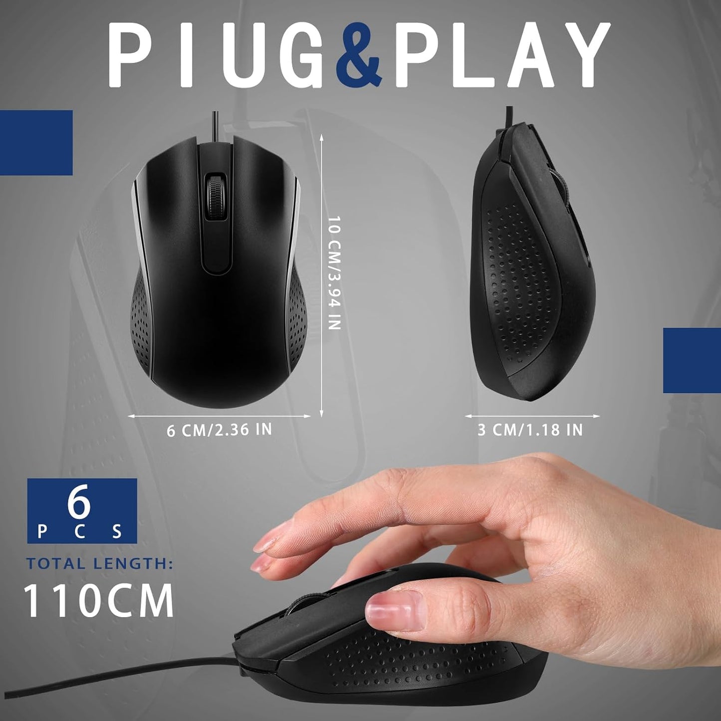 Tellegloww 6 3 Pcs Wired USB Computer Mouse Bulk Button Corded Wired Mouse for Laptop Desktop Computer Mice for PC