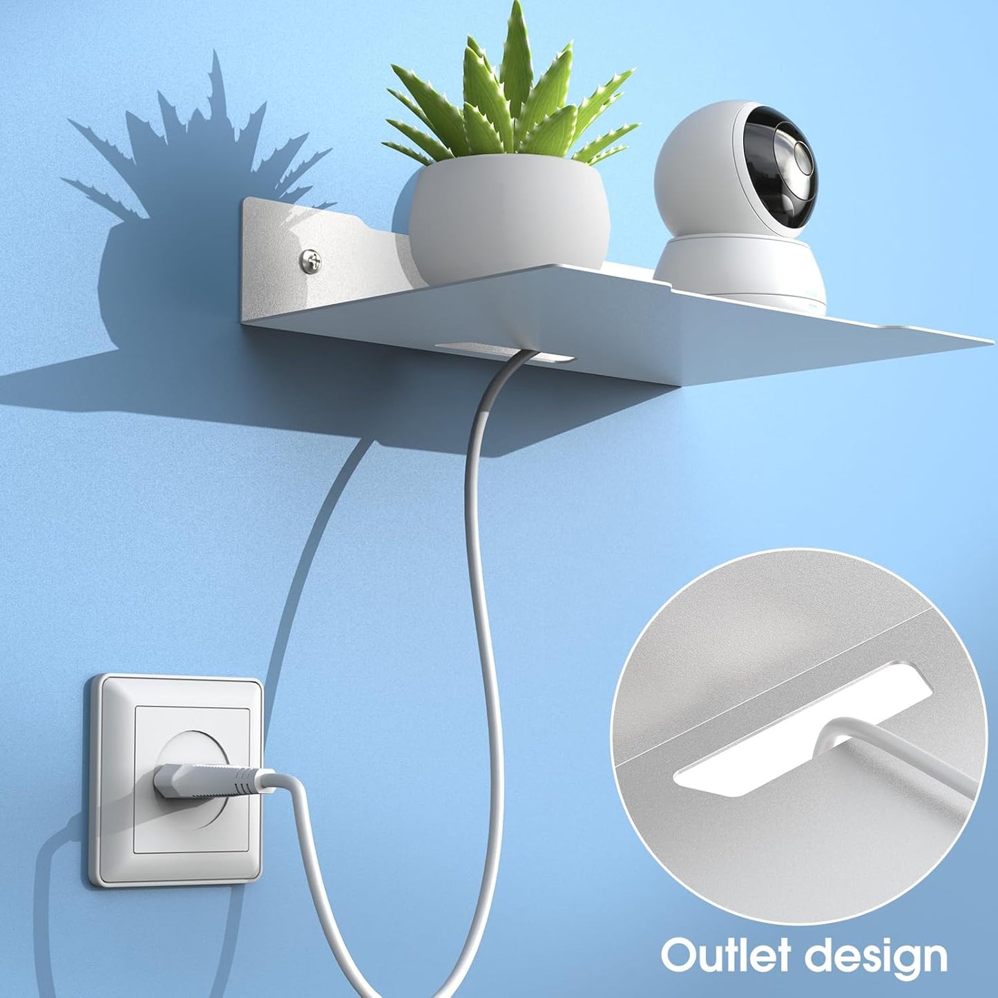 Compact White Projector Shelf - Wall Mount Floating Rack with Cable Ties