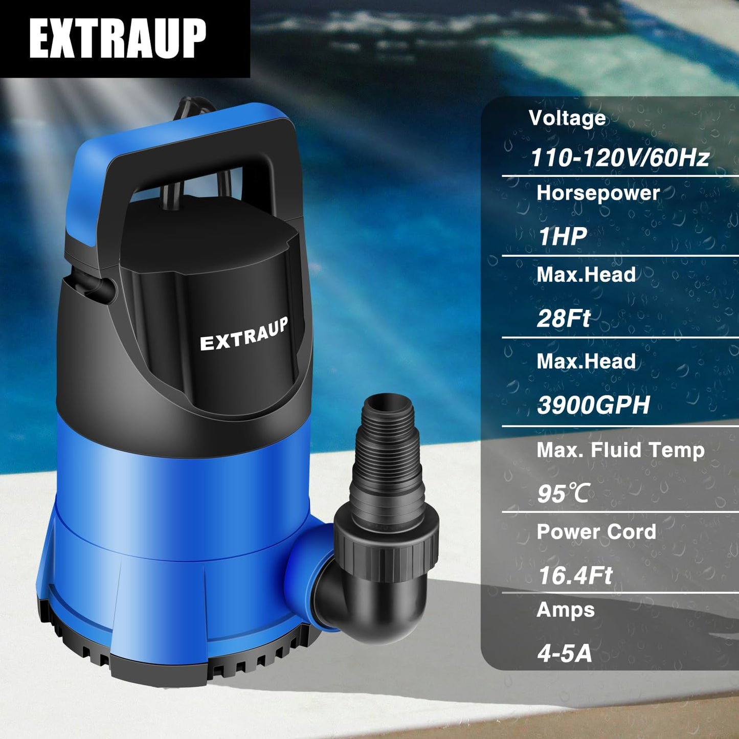 EXTRAUP Sump Pump 1HP Clean/Dirty Submersible Water Pump, Electric Thermoplastic Portable Utility Pump 3900 GPH low suction for Swimming Pool Garden Pond Basement Window Wells with 16.4ft Power Cord