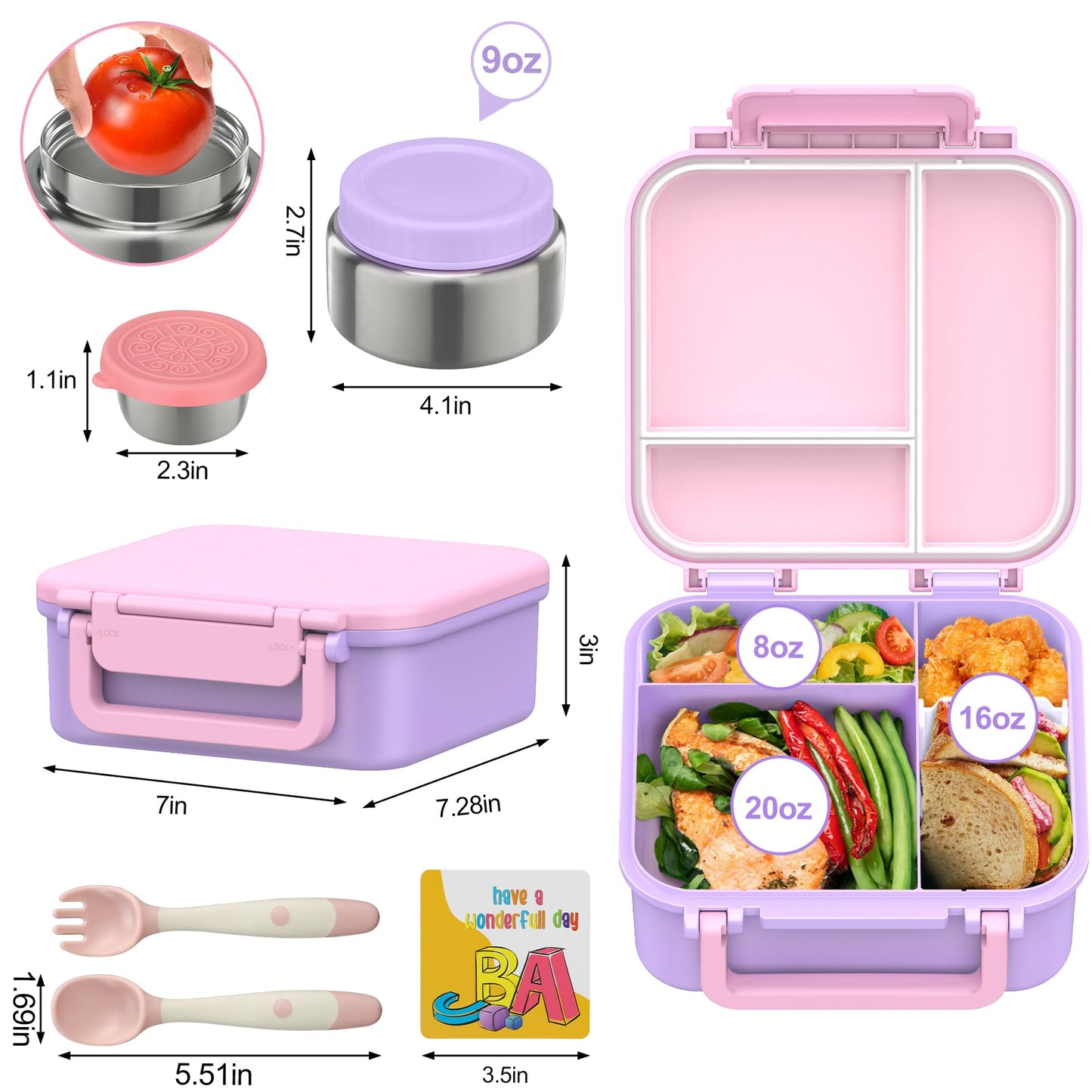 Kids Bento Lunch Box with 9oz Soup Thermo Leakproof Lunch Food Containers 4 Compartment with Insulated Hot Food Jar for Kid Toddler Girls Boys to School Trvael
