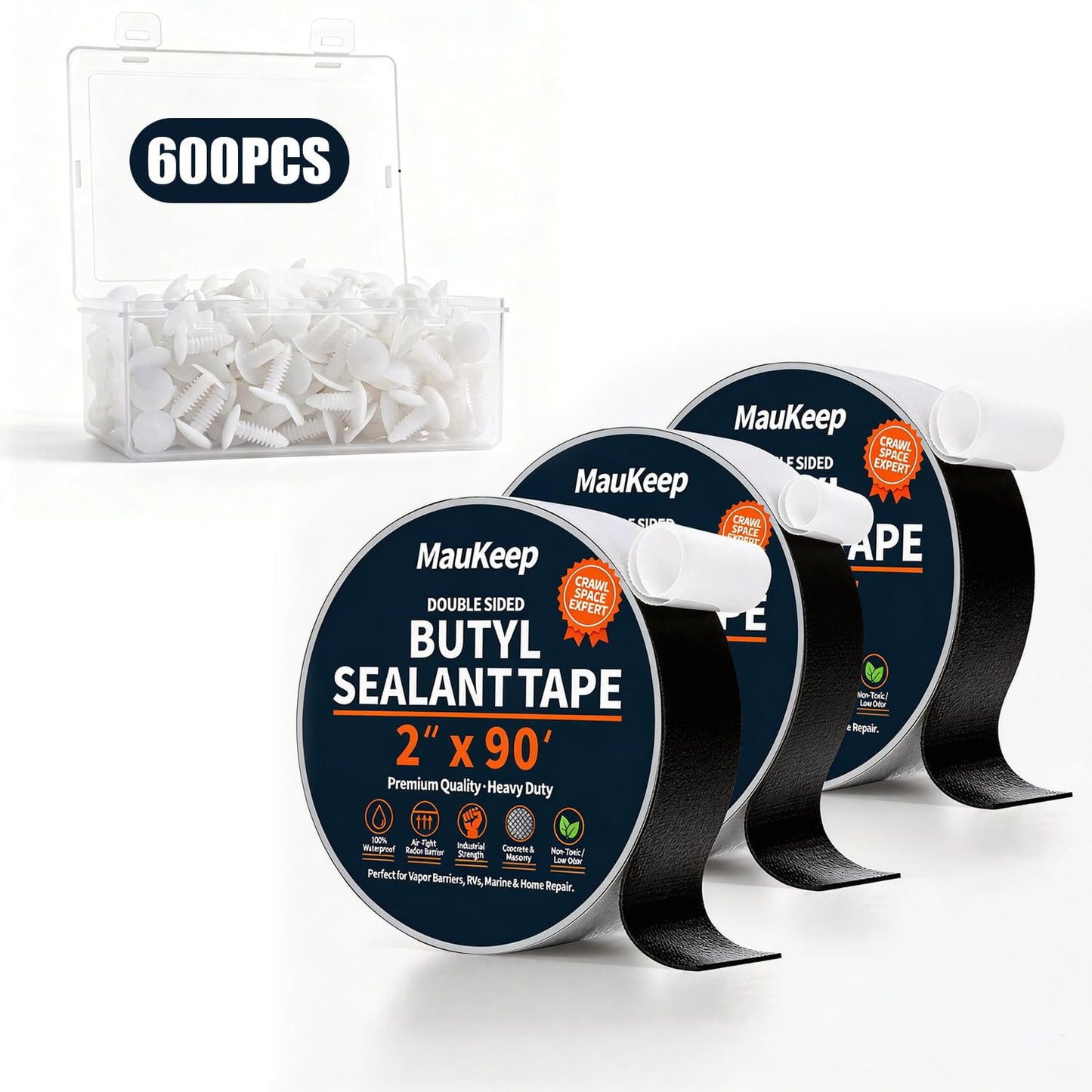 Double Sided Foundation Butyl Sealant Tape (2" x 90FT ) & 600pcs Christmas Tree Fasteners for Crawl Space Encapsulation, Waterproof Vapor Barrier Wall Seal, Double Secure Permanent Fastening Set