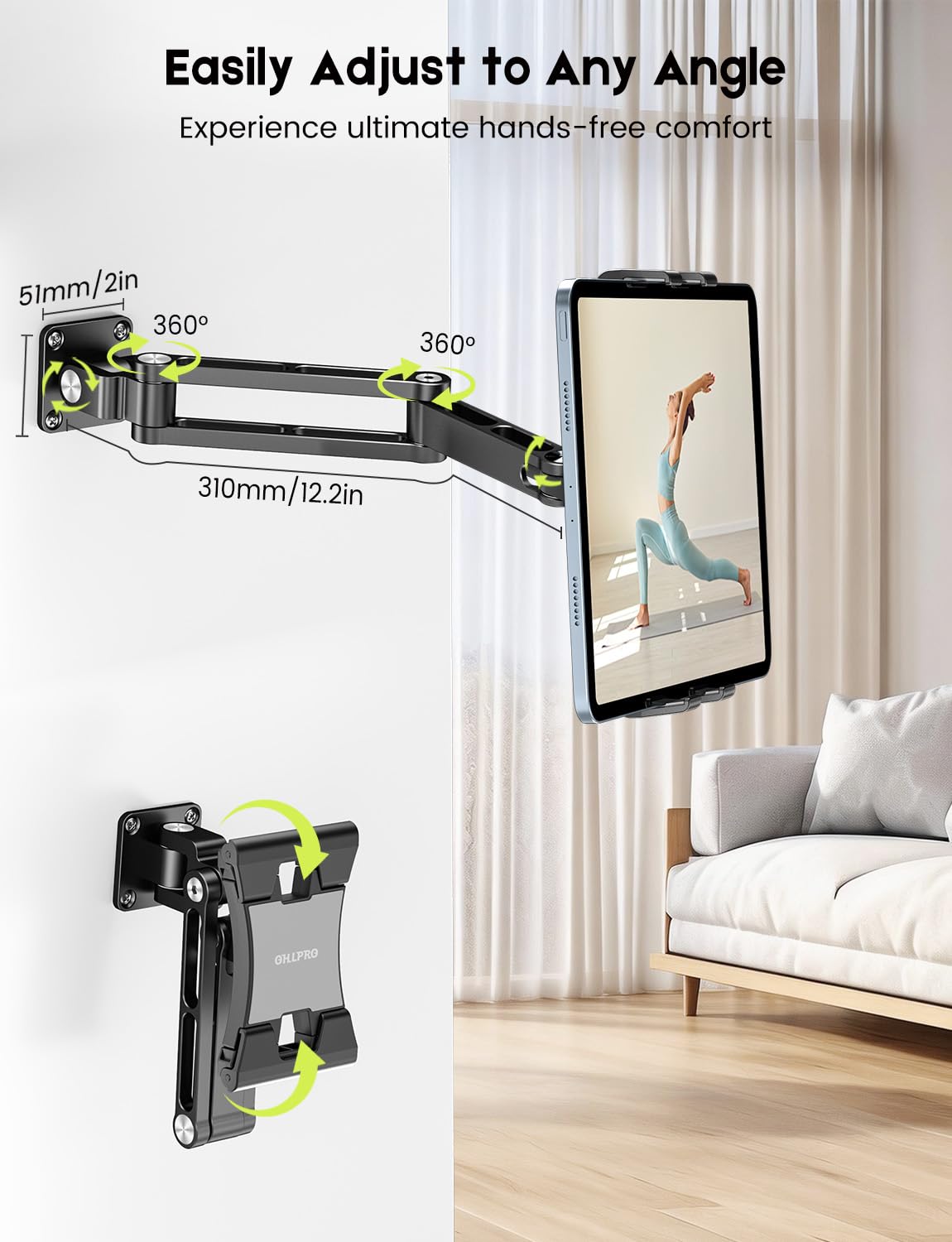 OHLPRO Tablet Wall Mount, Heavy Duty Aluminum iPad Wall Mount Holder with 360° Rotating 2-Stage Foldable Arm, Compatible for 5-13" Phones and Tablets, for Kitchen, Gym, Office, Home