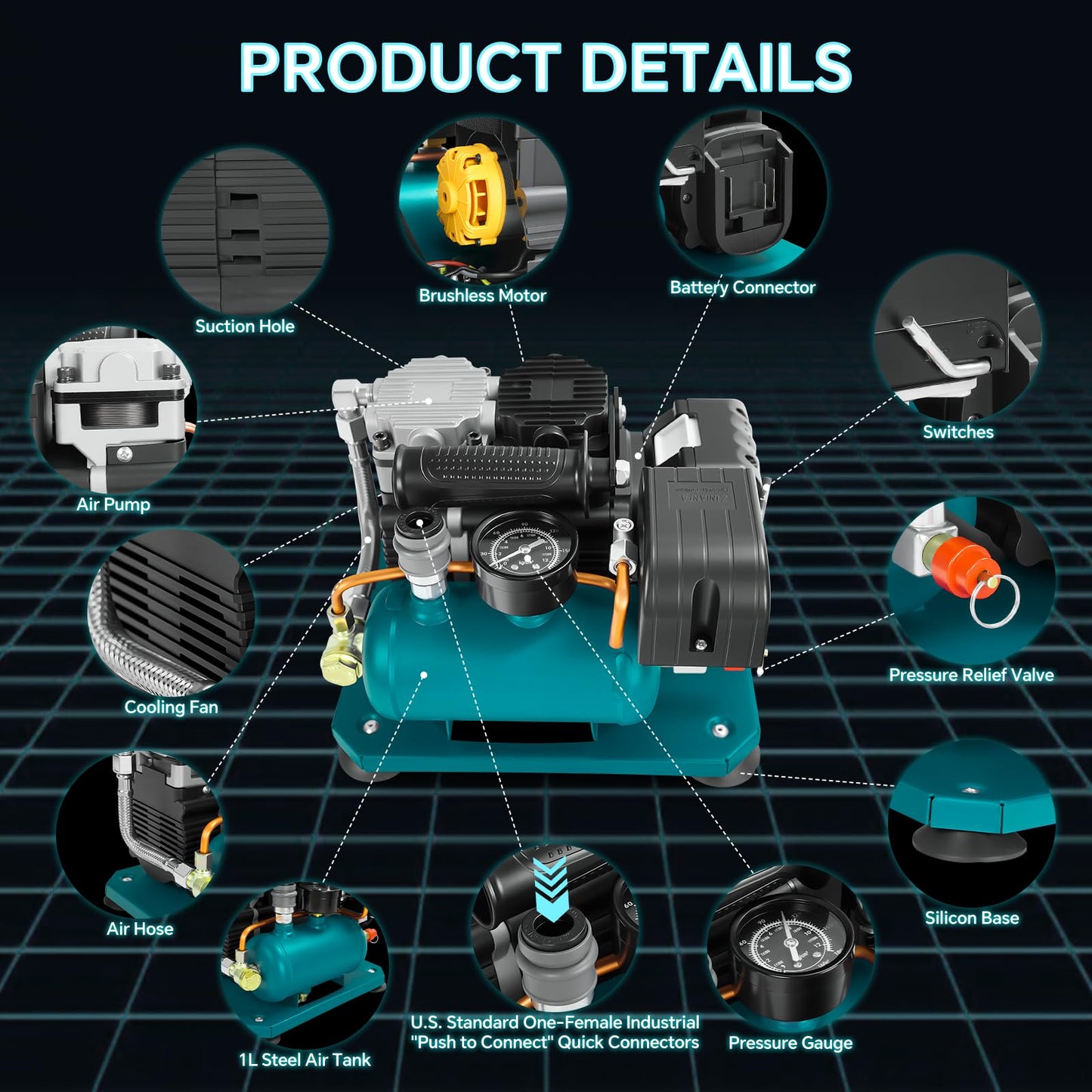 Cordless Air Compressor for Makita 18V Li-ion battery, 0.26-Gallon Capacity, Oil-Free, Ultra Quiet Portable Air Compressor, 65 dB Noise Level Electric Air Compressor