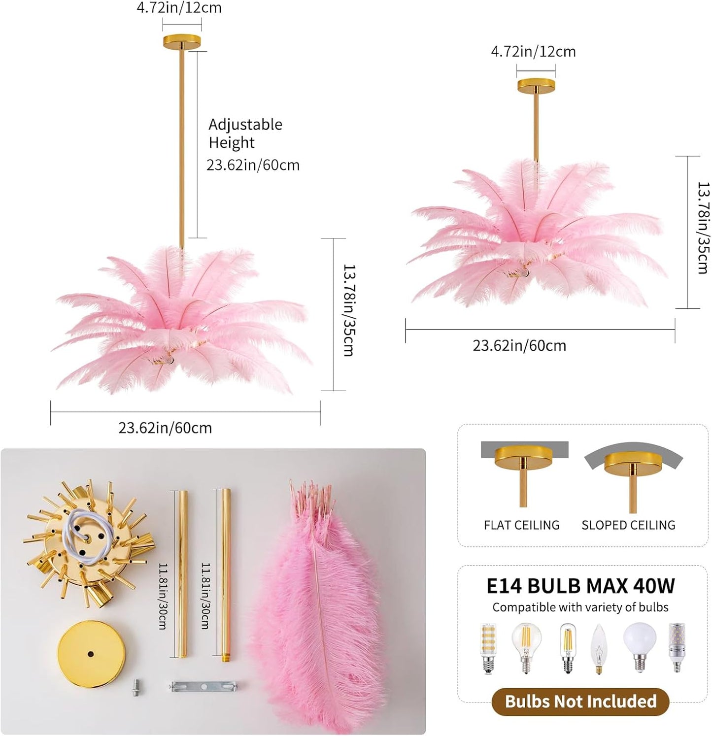 NZV Pink Feather Chandelier - Romantic Ostrich Feather Pendant Light for Girls' Room | 23.6in E14 Base