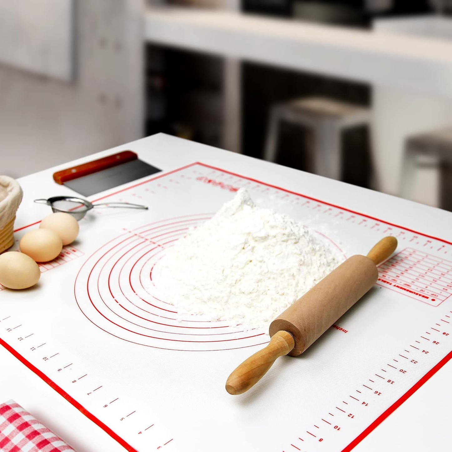 Skiennix Silicone Pastry Baking Mat - Heat Resistant, Non-Stick & BPA Free | 27.5” x 20” Red with Brush & Scraper