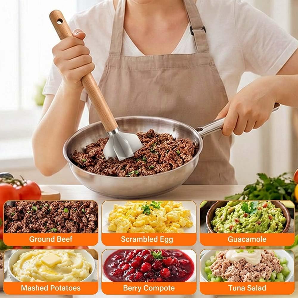 Skiennix 304 Stainless Steel Meat Chopper - 6 Blade Ground Beef Masher with Wooden Handle | Versatile Kitchen Tool