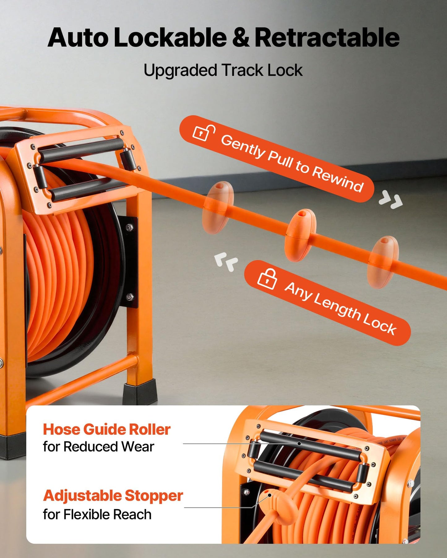VEVOR Retractable Air Hose Reel, 3/8 Inch x 100 FT PVC Air Hose Max 300PSI, Auto Rewind Air-Compressor Hoses Reel with 5 ft Lead in, Portable Freestanding Heavy Duty Steel Reel for Garages Workshops