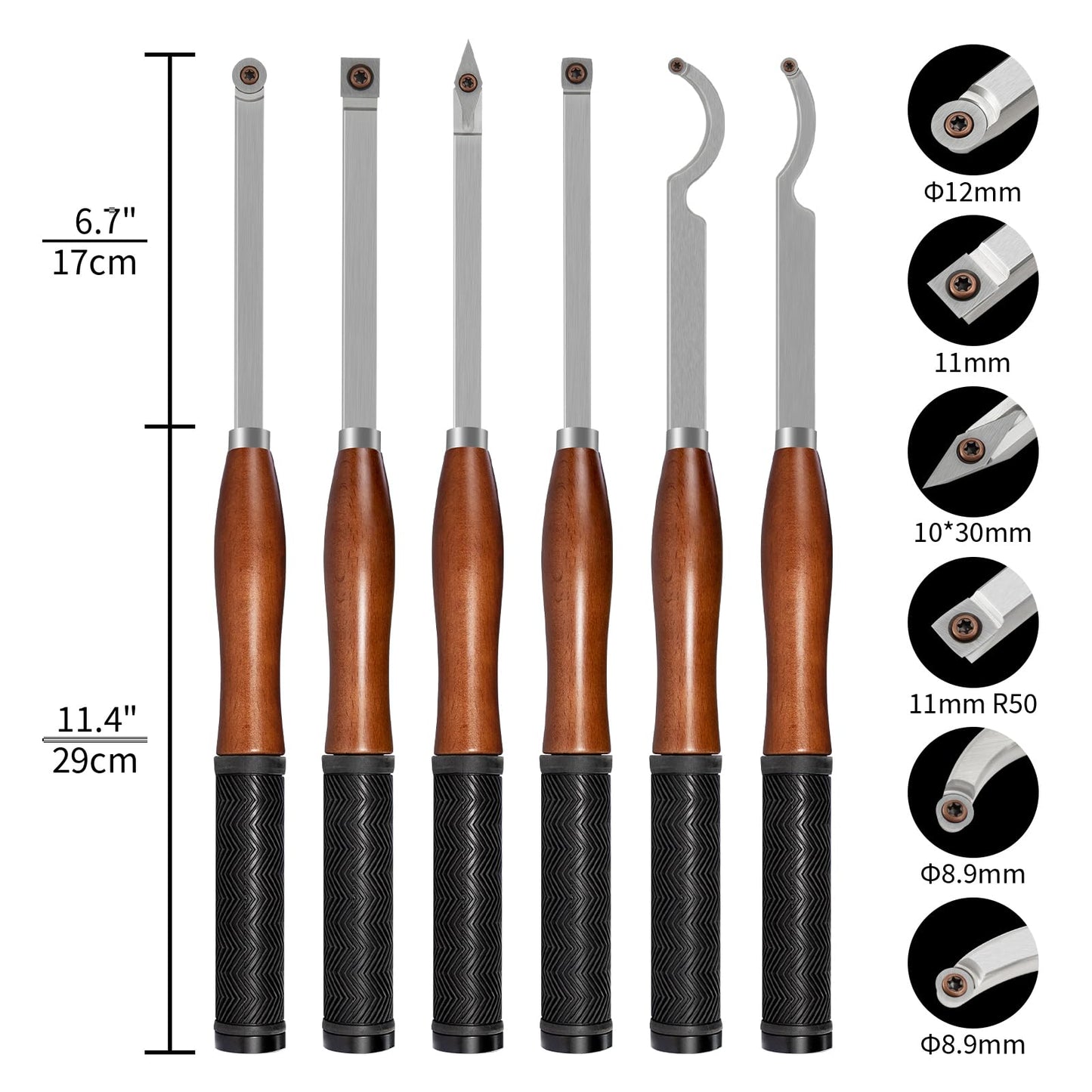 SIIIXS Full Size Carbide Wood Lathe Turning Tool Kit with Wooden Box, 6pcs 18" Professional Carbide Lathe Tools including Swan Neck Hollower, Rougher, Finisher, Beech Handle with Rubber
