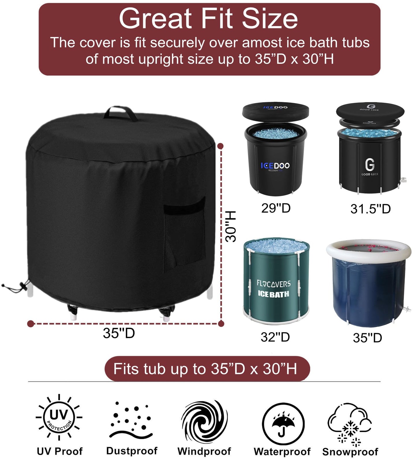 GS Alderaul Portable Ice Bath Tub Cover - Dustproof, Waterproof with Windproof Hem - Outdoor Ice Bath Barrel Cover for Cold Plunge Tub