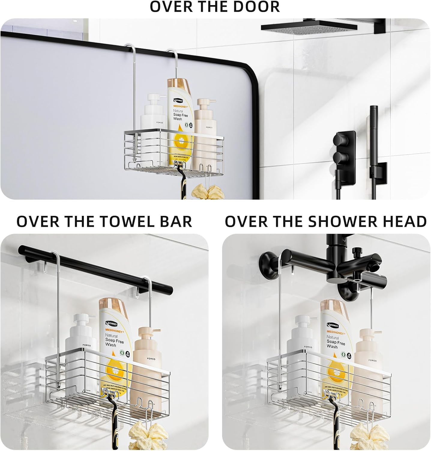 SHANSHUI Shower Caddy - Rustproof 304 Stainless Steel Bathroom Organizer with Hooks | Over Door Design