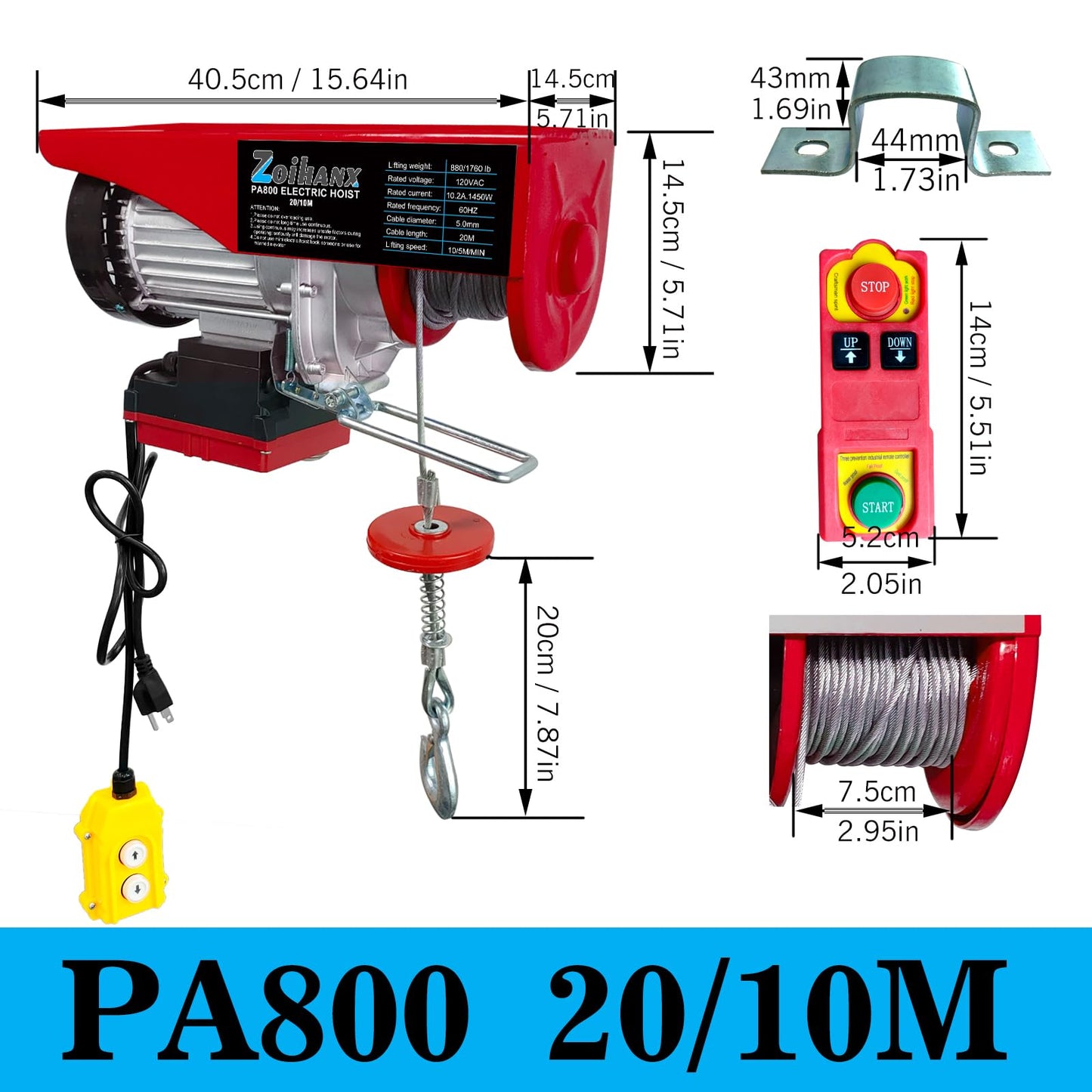 1760 lbs Electric Hoist with Remote Control,Wireless/Wired Electric Hoist 2 in 1,110V Single/Double Slings Steel Lift Hoist Winch for Garage Warehouse Factory