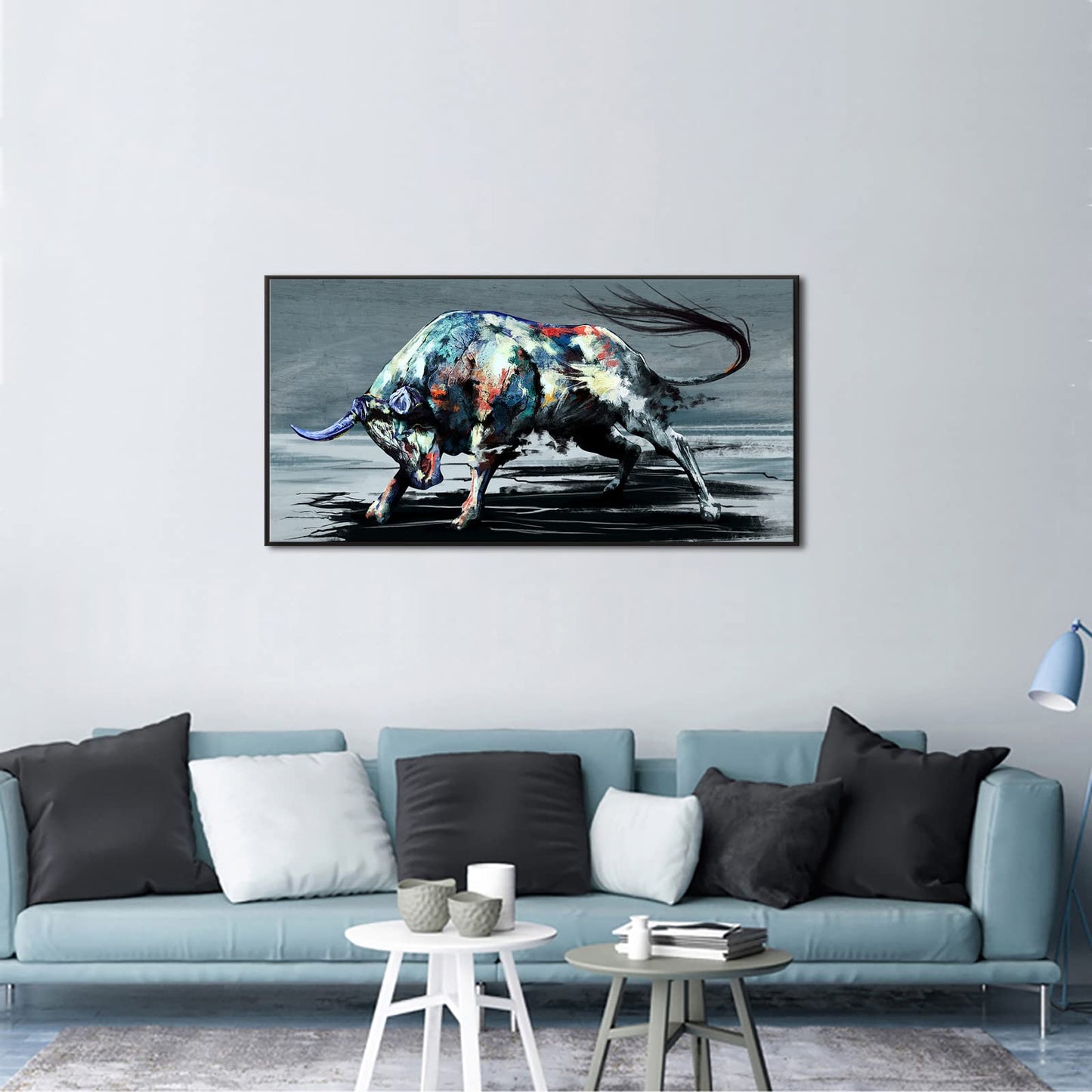 sechars Large Fighting Bull Painting Wall Art Canvas Cool Animal Picture Artwork with Black Floater Frame Modern Home Office Western Cowboy Room Decoration Ready to Hang 24"x48"
