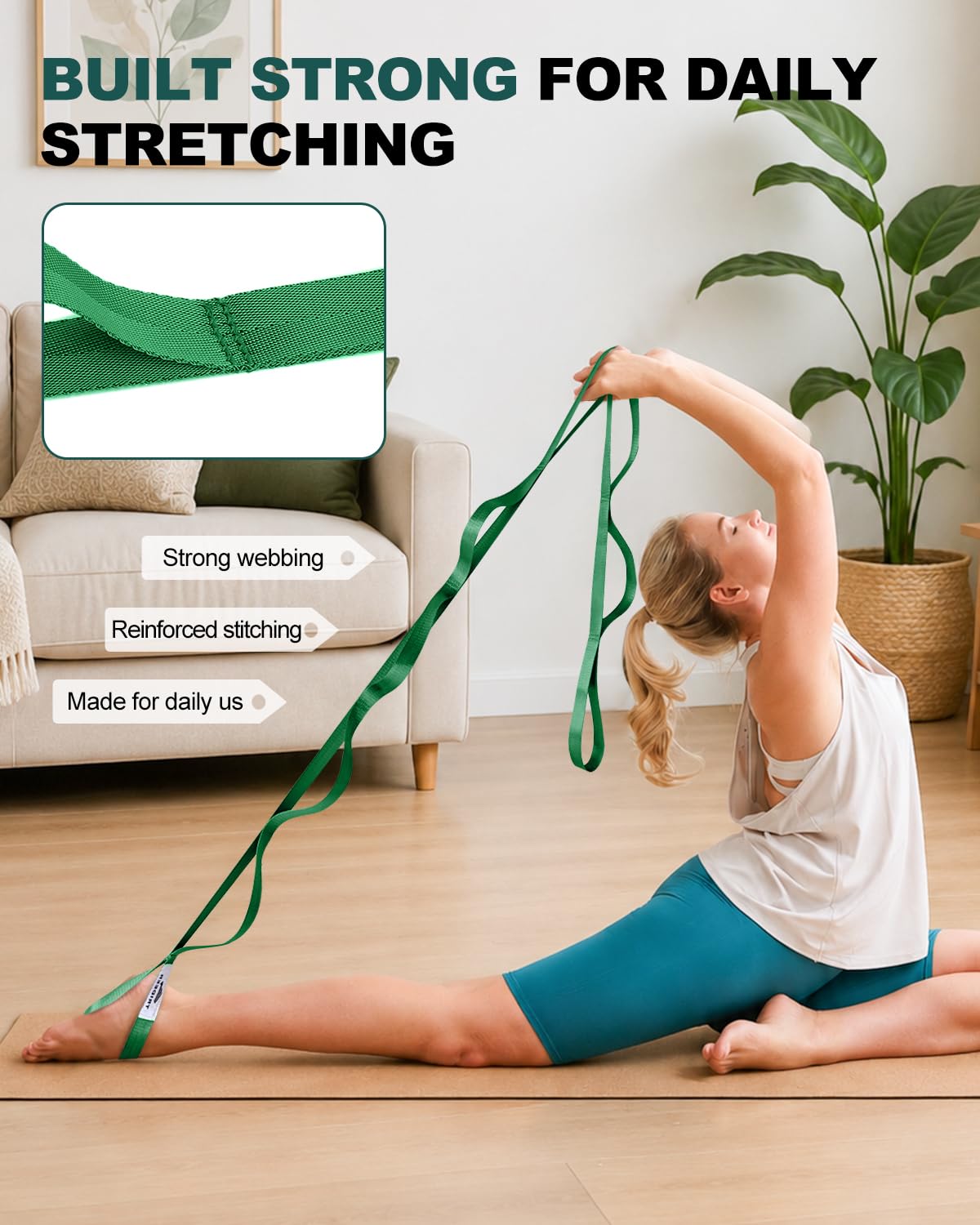 Trideer Non-Elastic Stretching Strap with Loops for Physical Therapy & Rehab, Knee Hip Leg ROM Post-Surgery, Yoga Strap for Stretching, Leg Lifter Strap Mobility Aid, Hamstring Calf Back